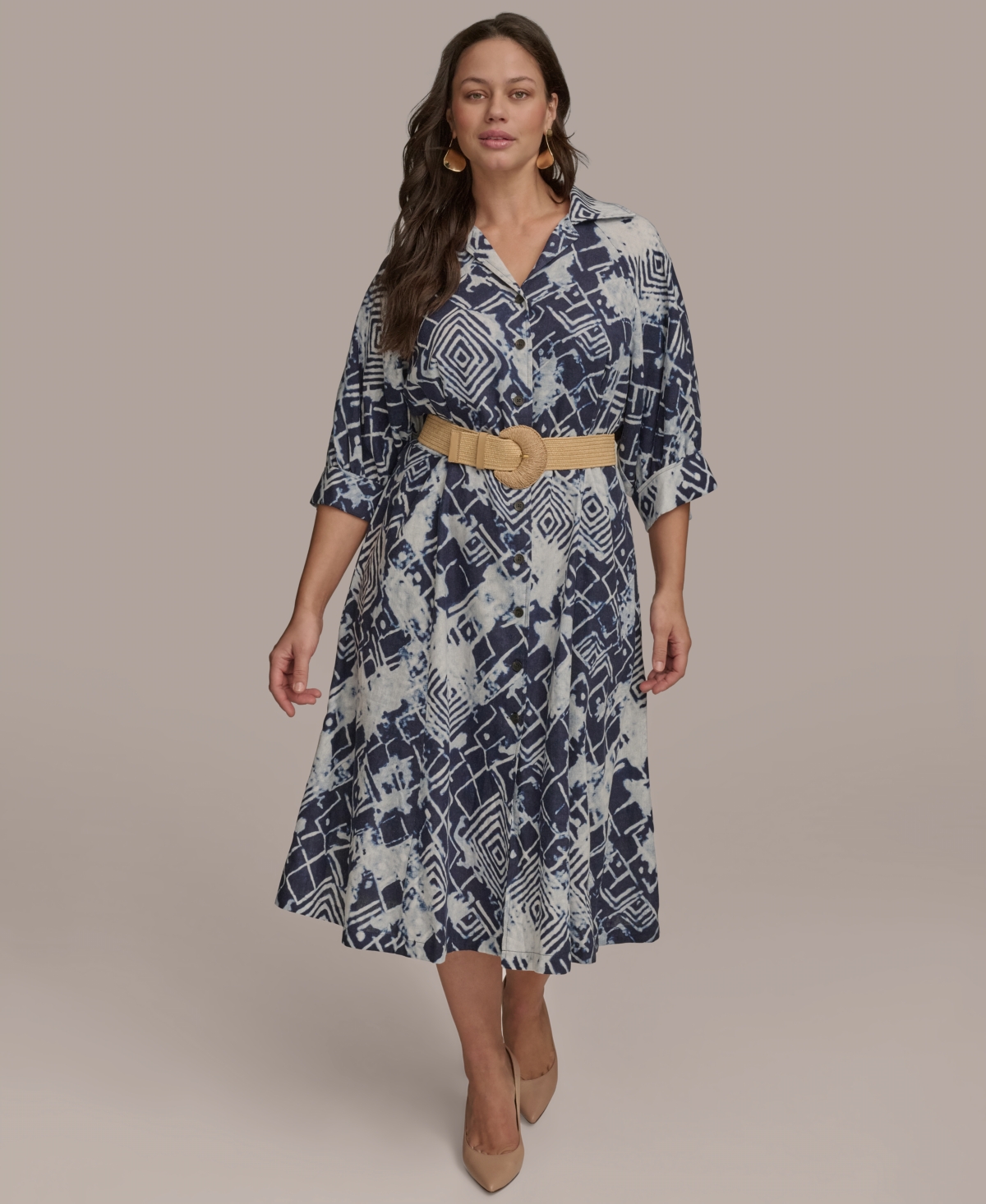 Plus Size Printed Belted 3/4-Sleeve Shirt Dress - Ink Multi