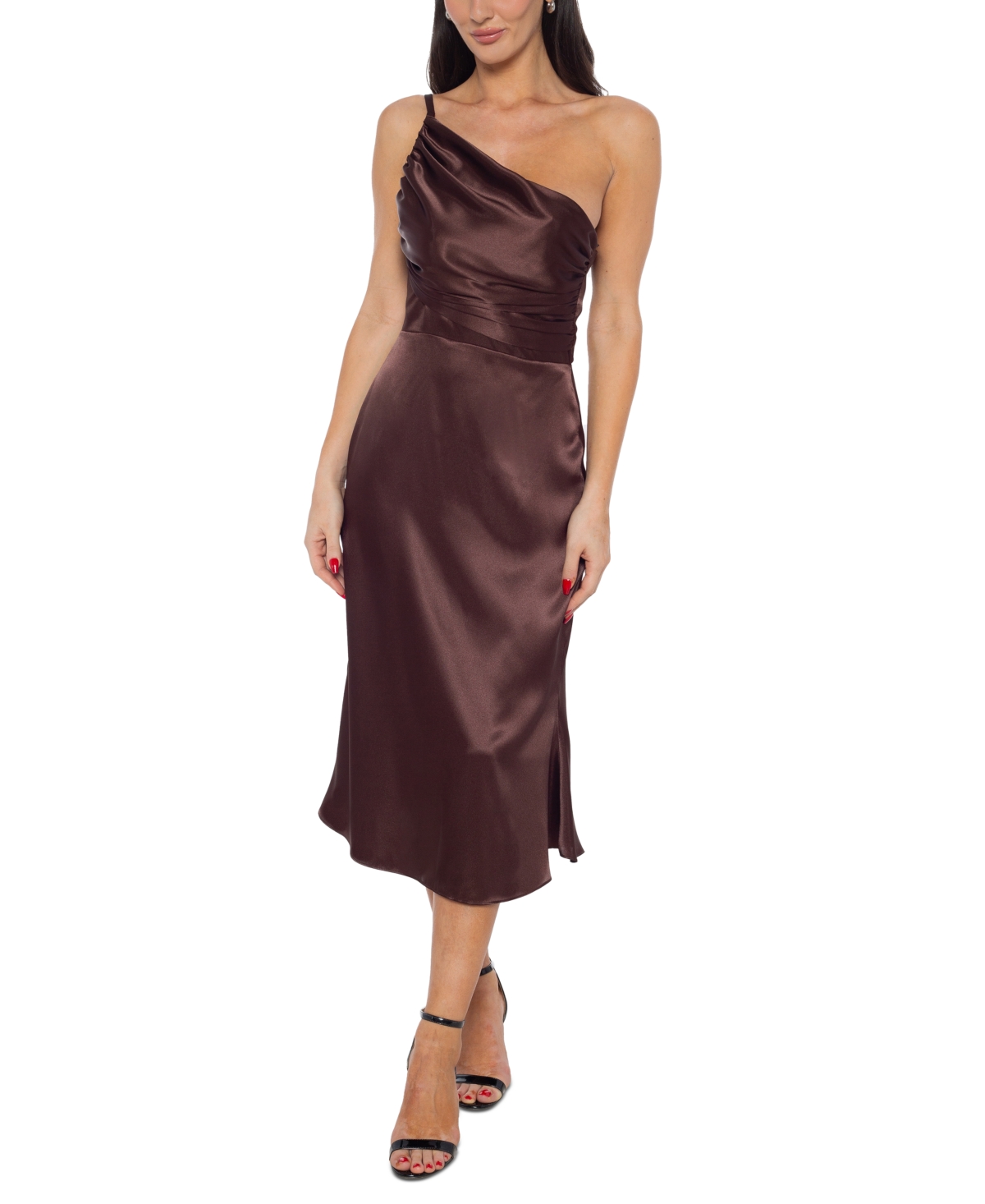 Women's Asymmetric-Neck One-Shoulder Satin Dress - Brown