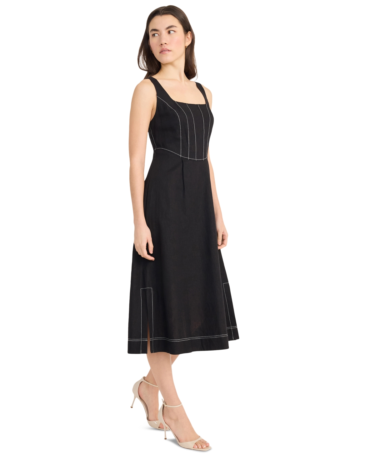 Donna Morgan Contrast Topstitch Sleeveless Linen Blend Midi Dress In Black