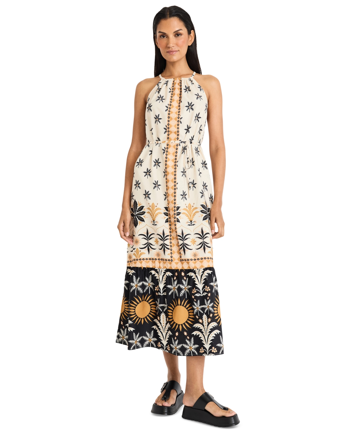 The Good Journey Caravan Palms Mixed Print Midi Dress In Multi