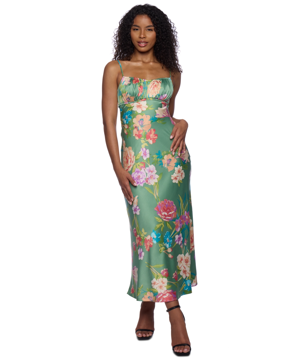 Junior's Emma Satin Strappy-Back Midi Dress - Dark Sage