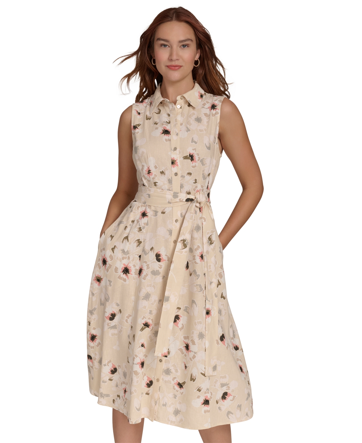 Tommy Hilfiger Women's Floral-print Button-down Tie-front Cotton Shirtdress In Parchment Multi