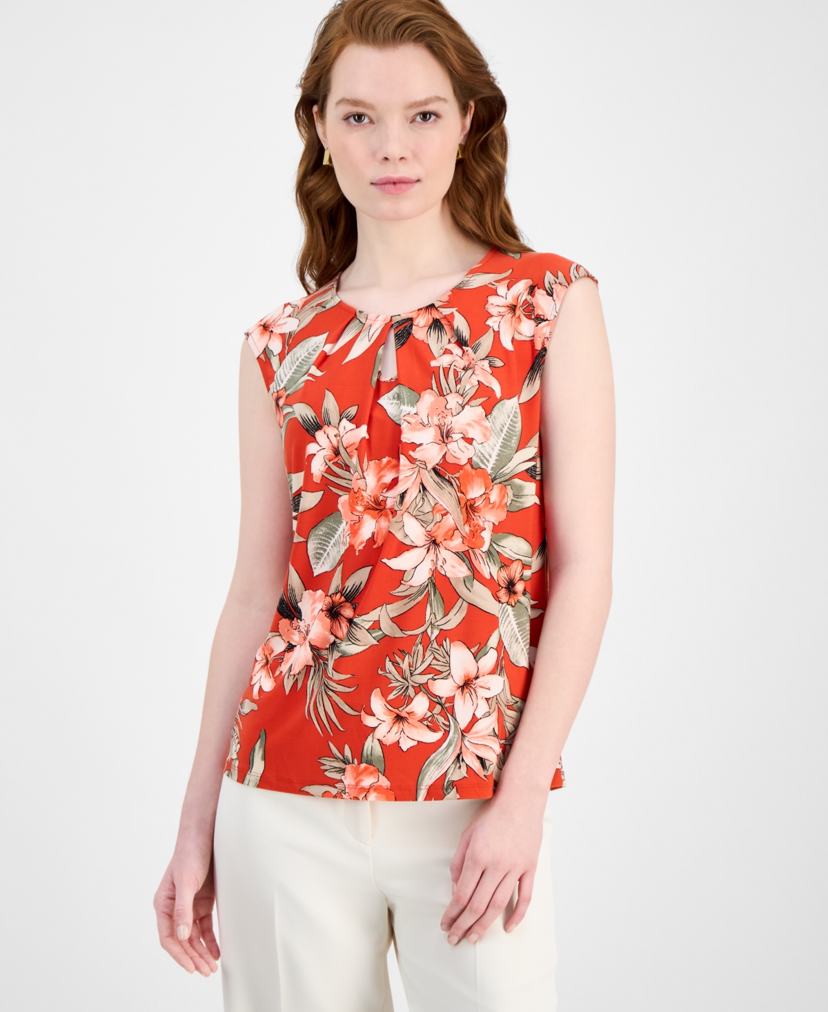 Women's Floral Pleated-Neck Cap-Sleeve Top - Deep Valencia Multi