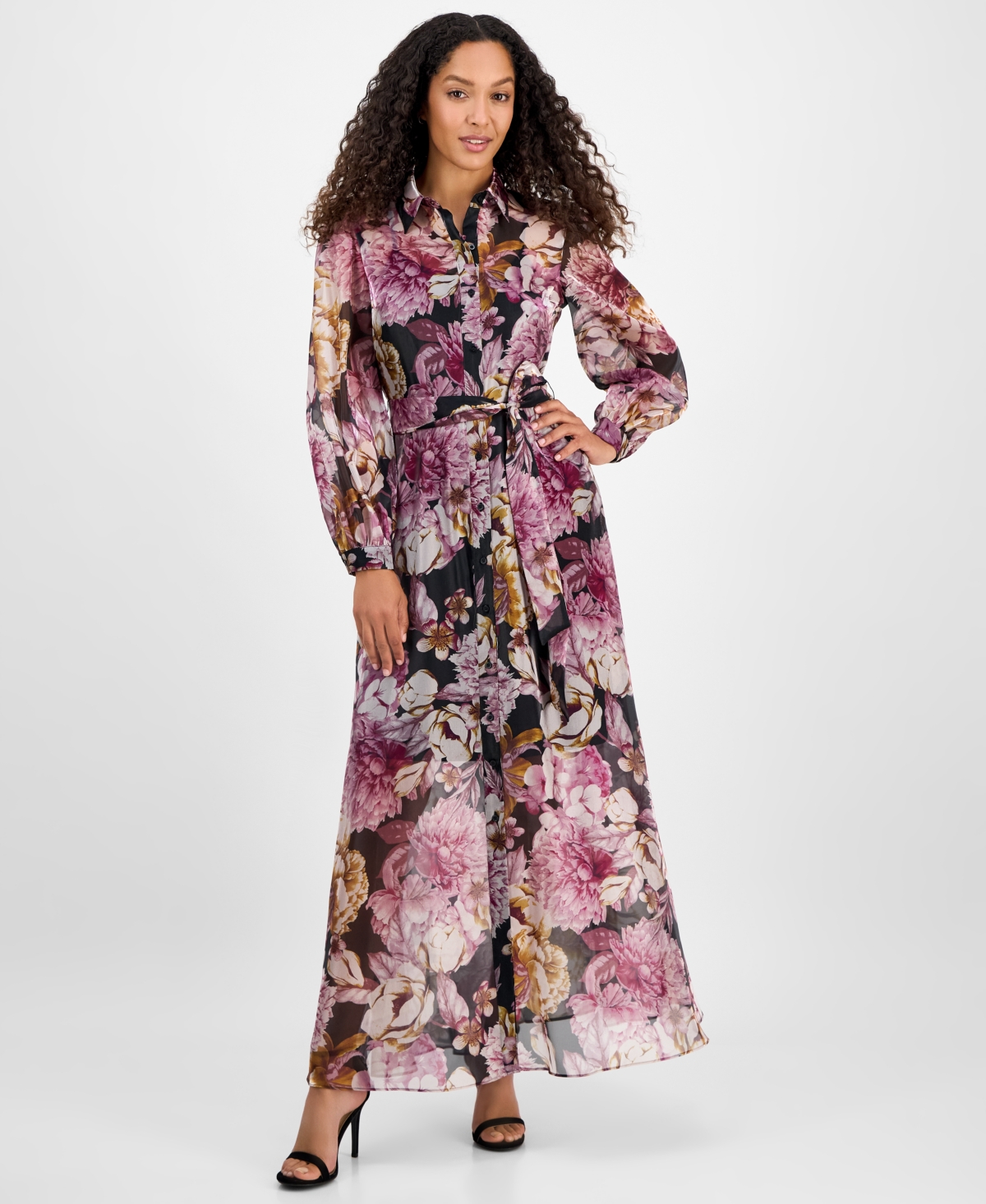 Women's Printed Button-Front Organza Maxi Dress - Blk Multi
