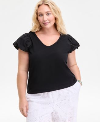 On 34th - Trendy Plus Size U-Neck Short-Puff-Sleeve Cotton Top