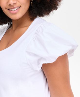Trendy Plus Size U-Neck Short-Puff-Sleeve Cotton Top, Exclusively at Macy's 