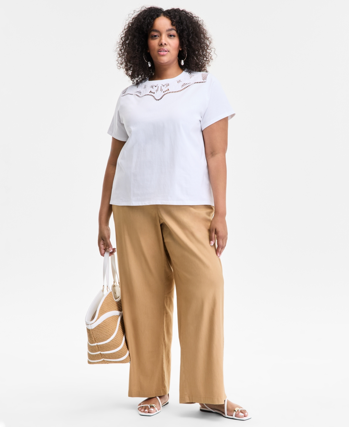 Inc International Concepts Plus Size Cotton Lattice-inset Top, Exclusively At Macy's