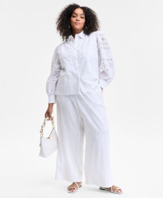 Plus Size Cotton Eyelet-Embroidered Blouse, Exclusively at Macy's
