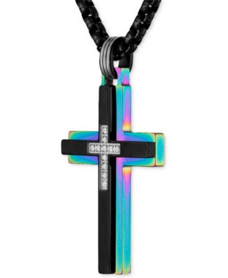 Diamond Rainbow Cross 22" Pendant Necklace (1/10 ct. t.w.) in Black & Rainbow Anodized Ion-Plated Stainless Steel, Exclusively at Macy's