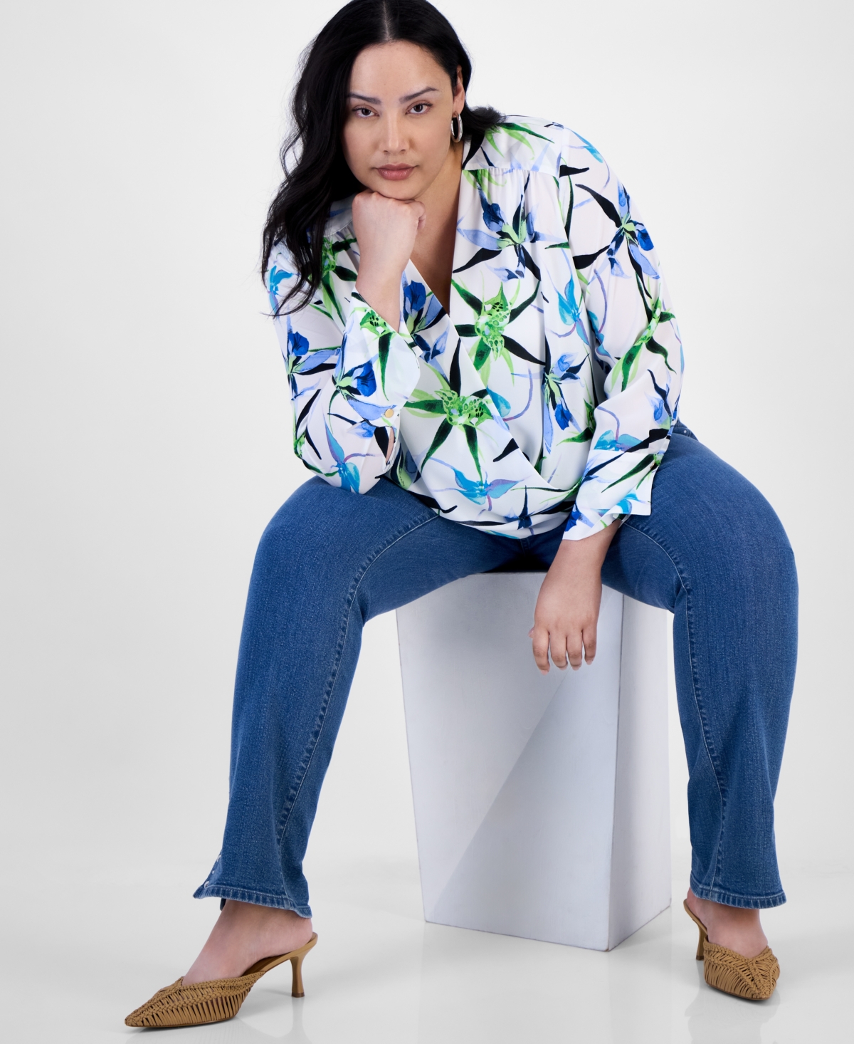 Inc International Concepts Plus Size Printed Surplice Long-sleeve Blouse, Exclusively At Macy's