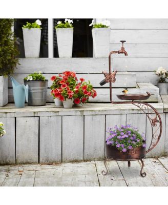 Vintage Metal Garden Bird Bath with Solar Lamp and Flower Planter Pedestal Standing Bird Feeder