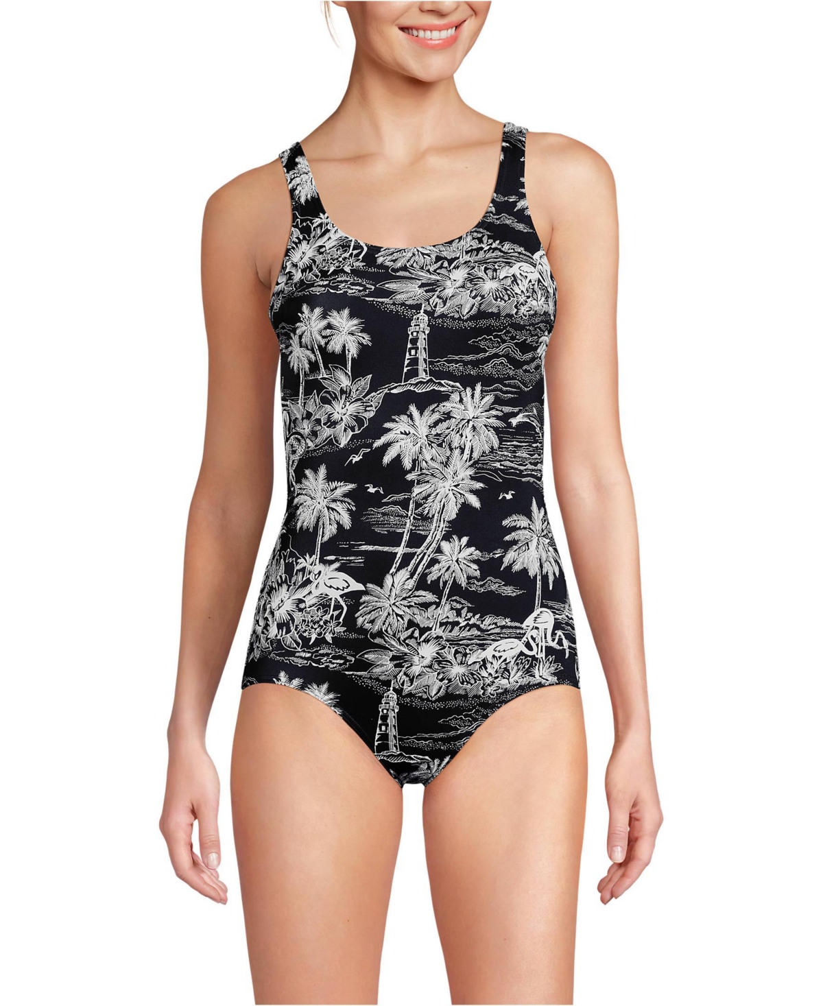 Petite Tugless Low Leg One Piece Swimsuit - Black tropical scene