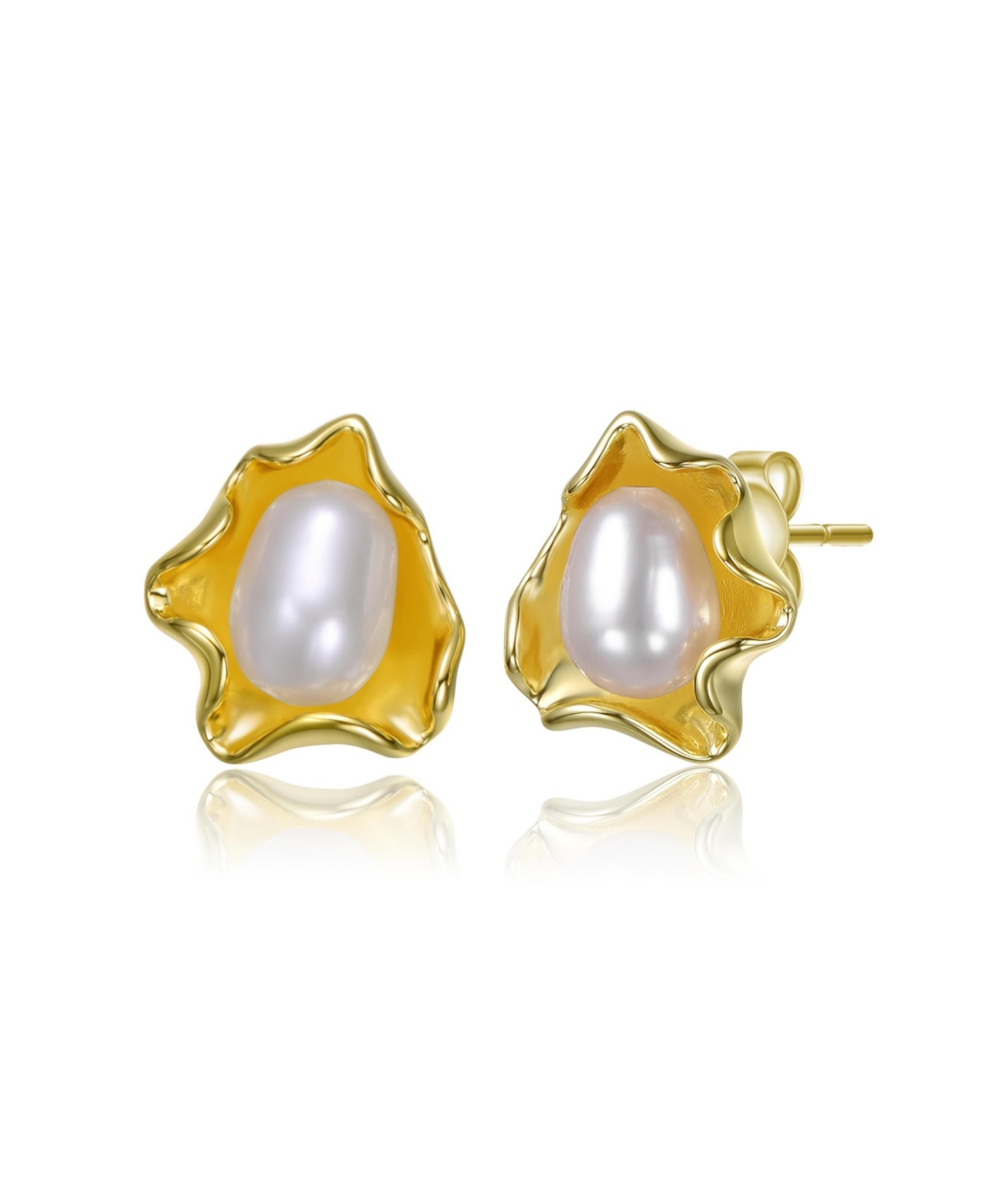 Sterling Silver 14K Gold Plated with White Freshwater Pearl Unique Wave Stud Earring - Gold