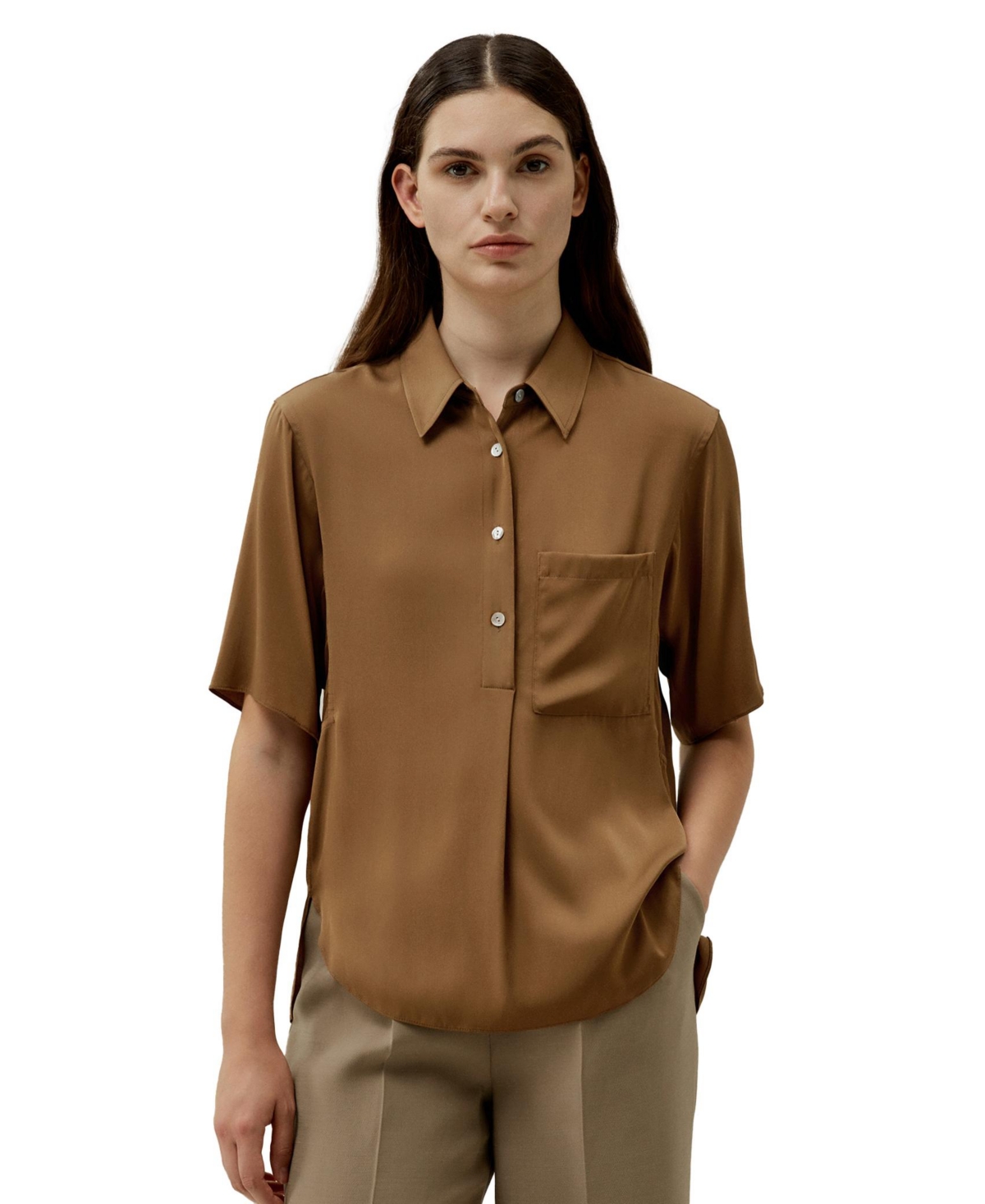 Women's Half-Placket Short Sleeve Button Up Shirt - Walnut