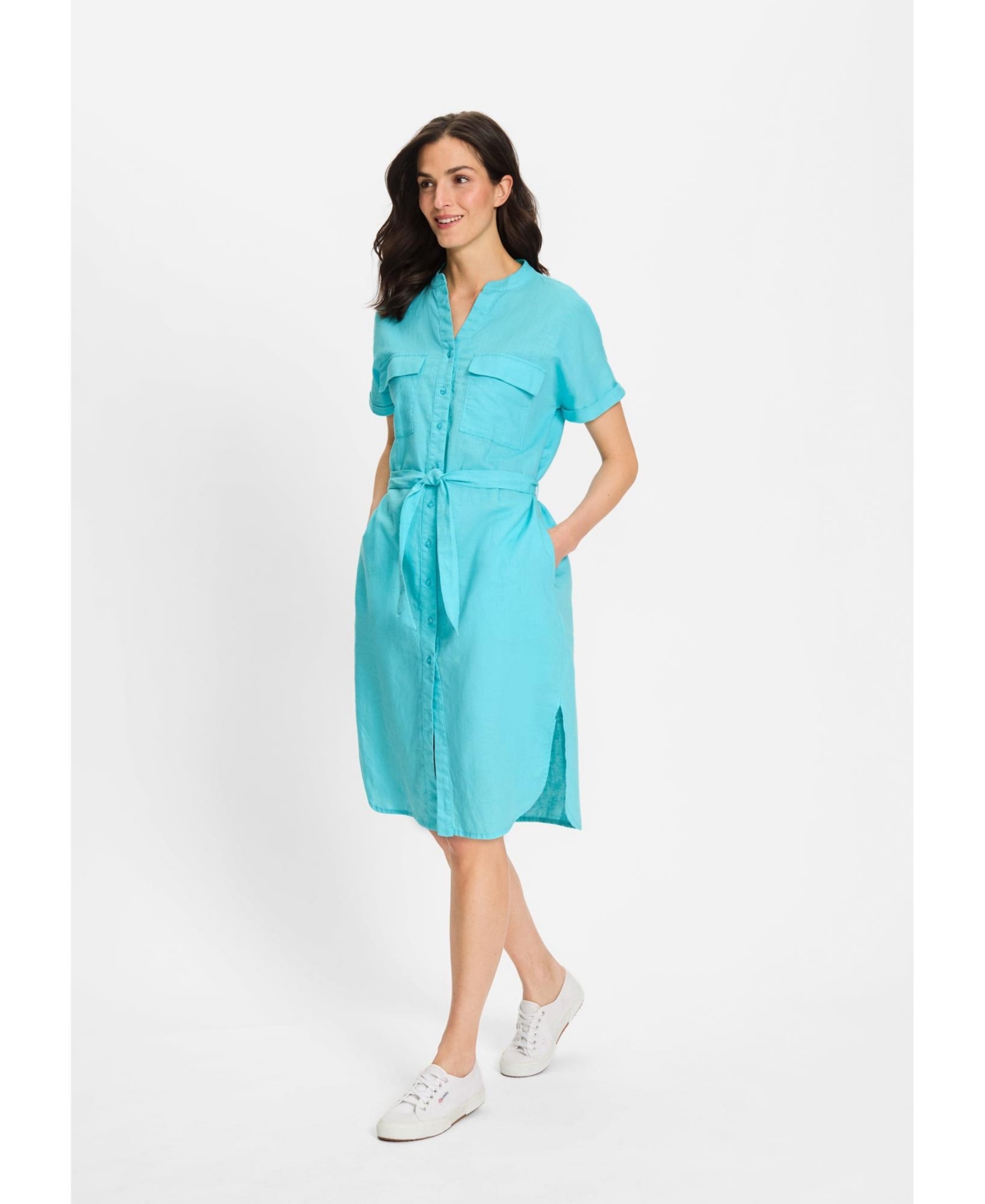 Women's Linen Blend Tunic Shirt Dress - Aruba blue