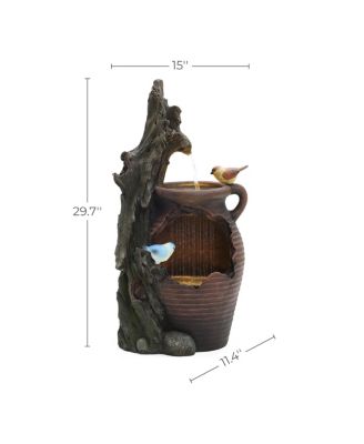 Rain Barrel with Tree and Birds 2.5-Feet Tall Outdoor Polyresin Fountains with Light