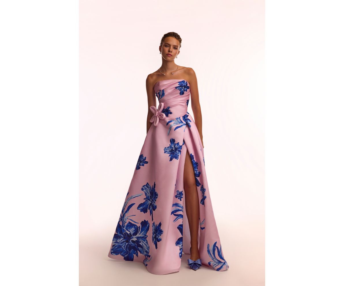Women's Dainty pink A-line maxi dress with blue-flowered pattern - Pink-blue