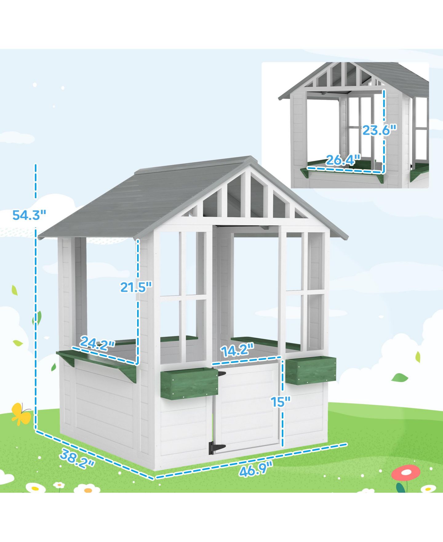 Детская игрушка Outsunny Outdoor Wood Playhouse with Tilt Roof, Ages 3+, цвет: Белый — фото 3