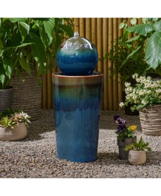 Glazed Blue and Brown Duo-Tone Sphere on Round Pillar Bubbler 30-Inch Tall Ceramic Fountain