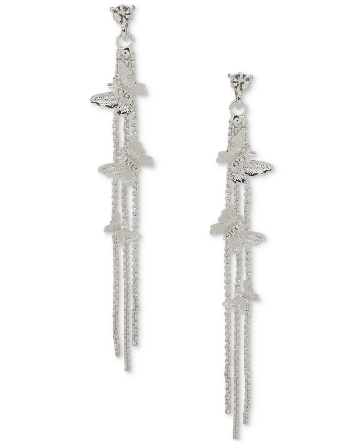 Silver-Tone Crystal Butterfly Chain Linear Earrings - White