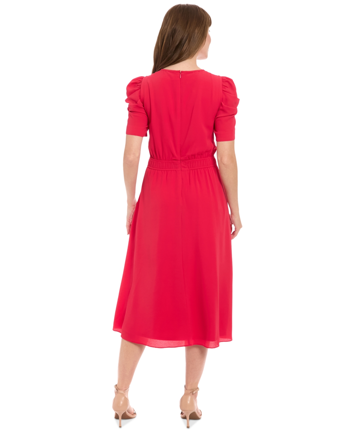 London Times Ruched Bubble Sleeve Midi Dress In Red