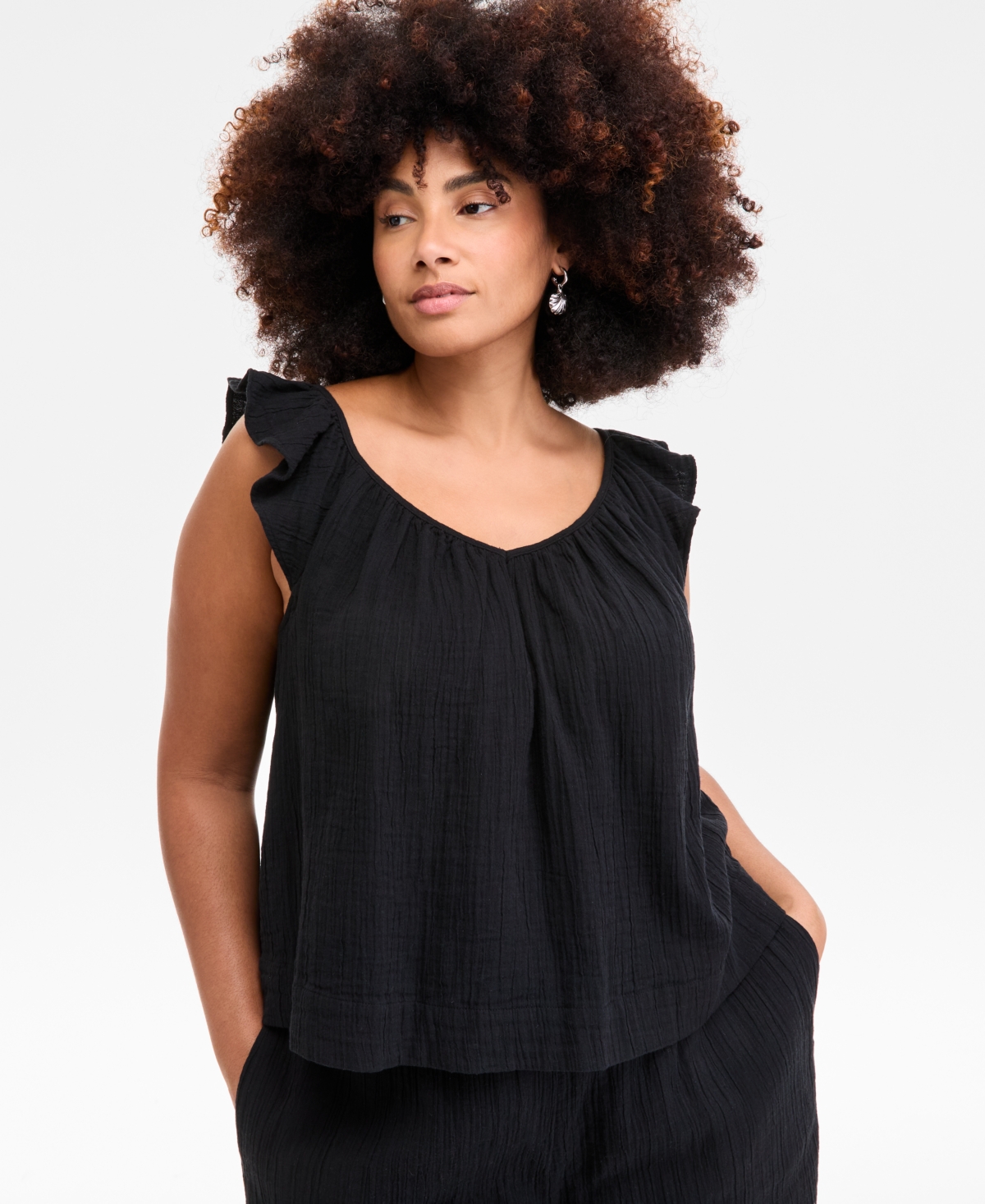 ON 34TH PLUS SIZE COTTON GAUZE V-NECK FLUTTER-SLEEVE TOP, EXCLUSIVELY AT MACY'S 