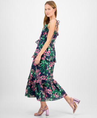 Women's Tie-Shoulder Sleeveless Ruffle-Trim Maxi Dress