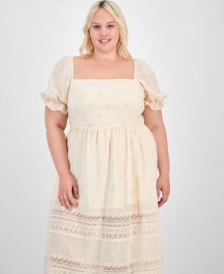 Trendy Plus Puff-Sleeve Lace-Trim Midi Dress, Exclusively at Macy's
