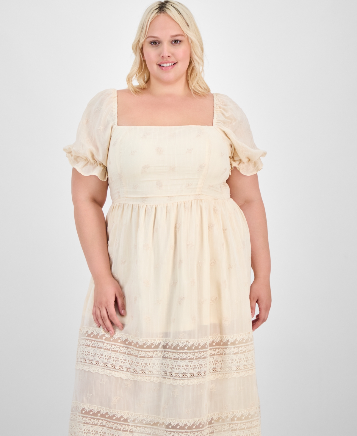 And Now This Trendy Plus Puff-sleeve Lace-trim Midi Dress, Exclusively At Macy's In Beige