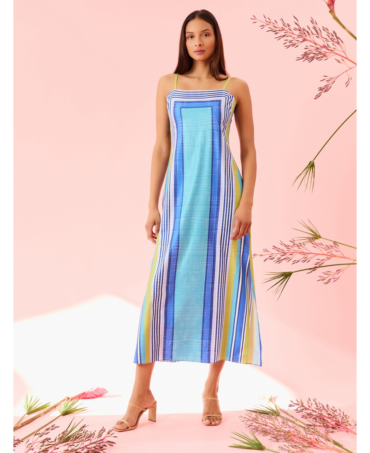 Donna Morgan Women's Striped Side-slit Maxi Dress In Lt Lime,turquoise