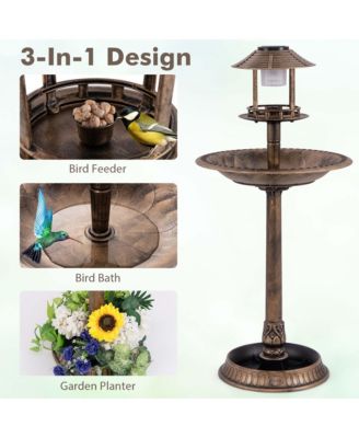 3-In-1 Pedestal Bird Bath with Solar Light with Bird Feeder & Flower Planter