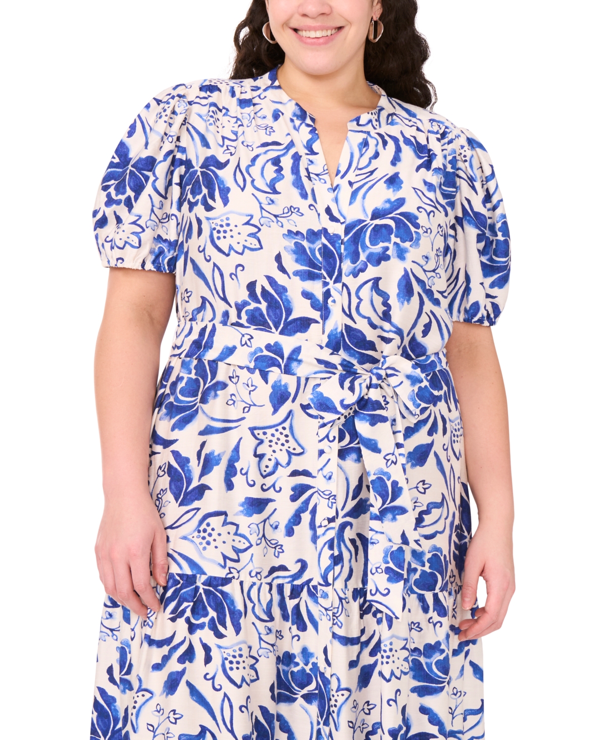 Msk Plus Size Puff-sleeve Button-front Lawn Maxi Dress