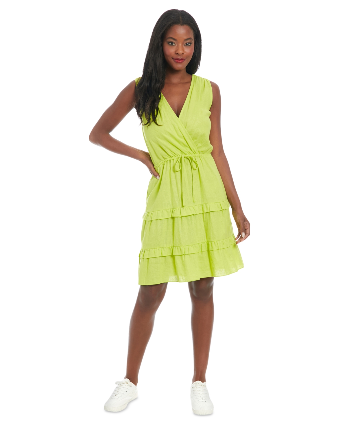 London Times Sleeveless Linen Blend Tiered Dress In Wild Lime