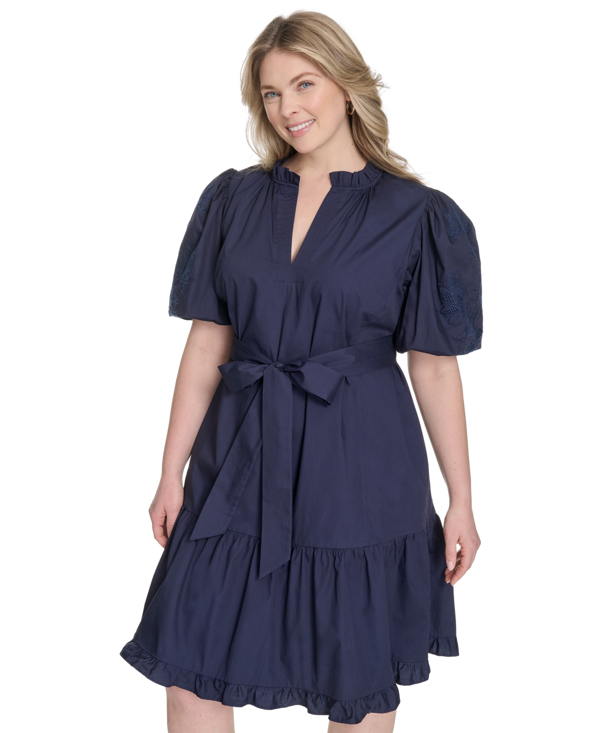 Vince Camuto Plus Size Cotton Puff-sleeve Tie-waist Dress In Blue