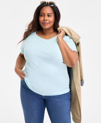 Plus Size Crewneck Button-Trim-Shoulder Cotton Top, Exclusively at Macy's 