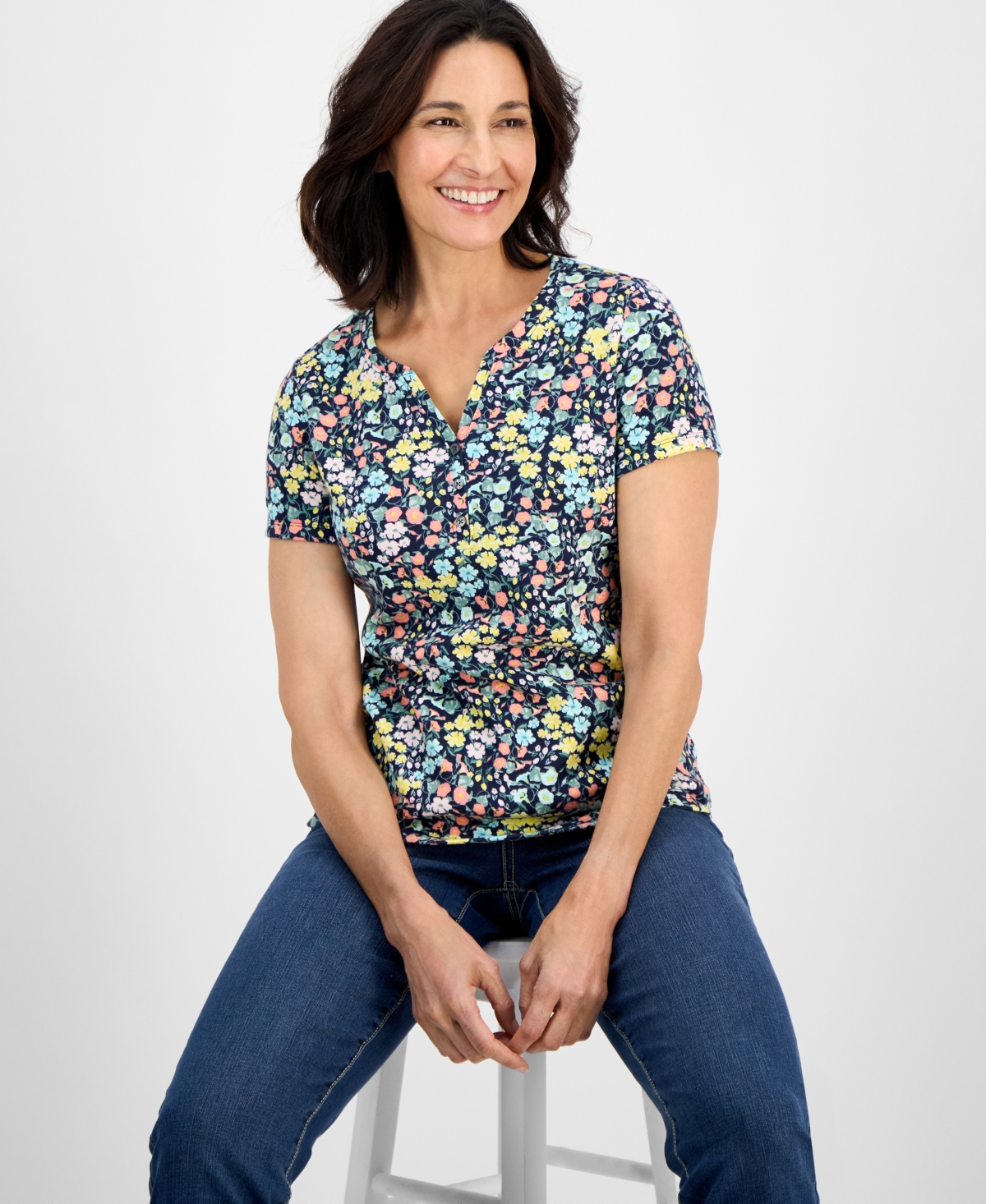 Women's Printed Short-Sleeve Henley T-Shirt, Exclusively at Macy's - Industry Blue Combo