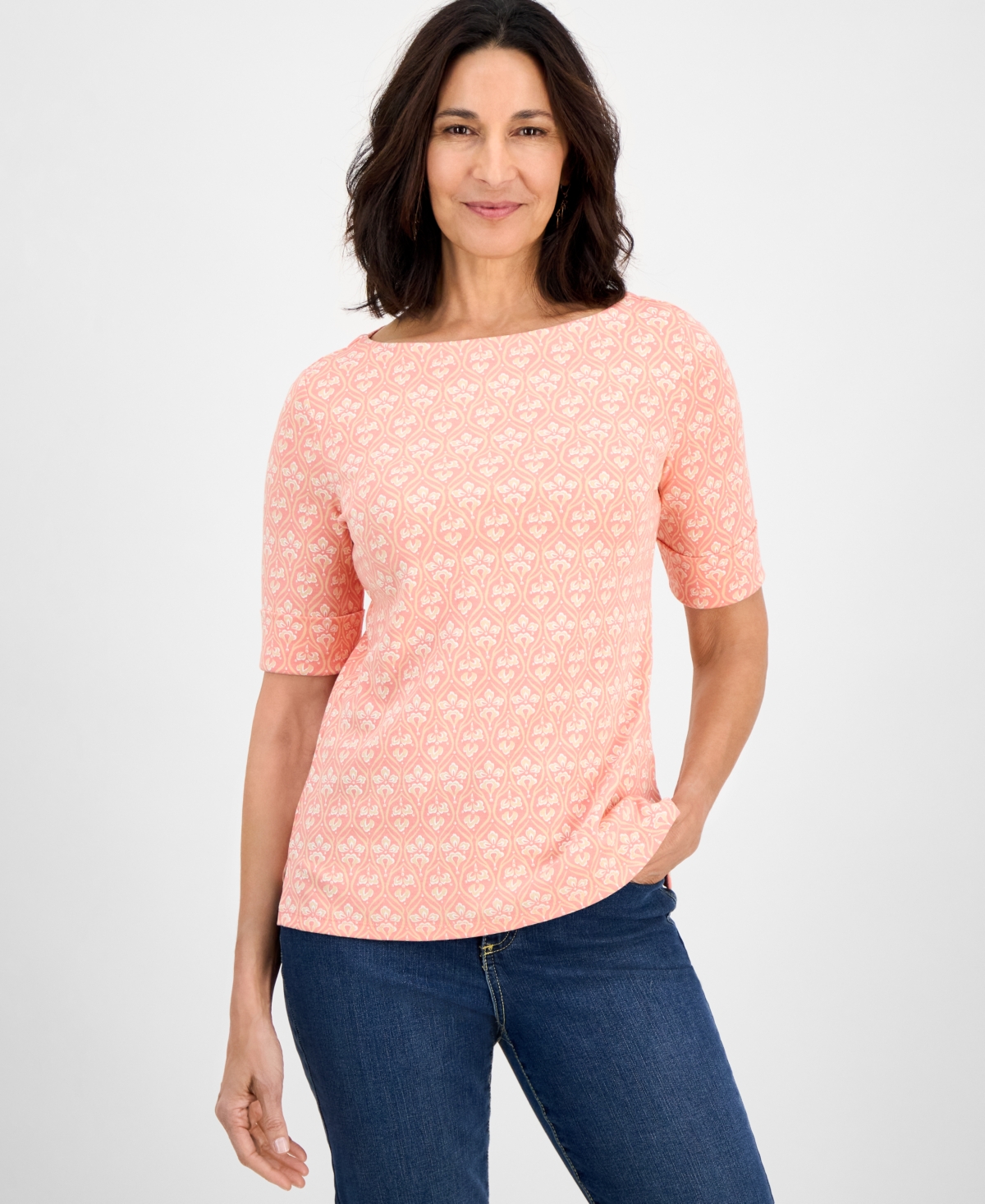 Petite Printed Elbow-Sleeve Knit Top, Exclusively at Macy's - Indust Blue Cmb