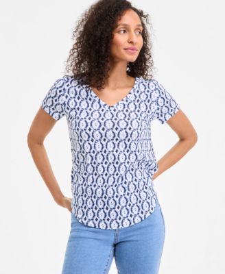 Style & Co - Women's Cotton-Blend Geo-Print V-Neck T-Shirt