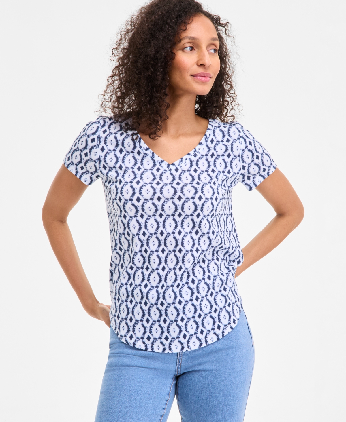 Women's Printed Cotton-Blend V-Neck T-Shirt, Exclusively at Macy's - Fiesta Yellow Combo