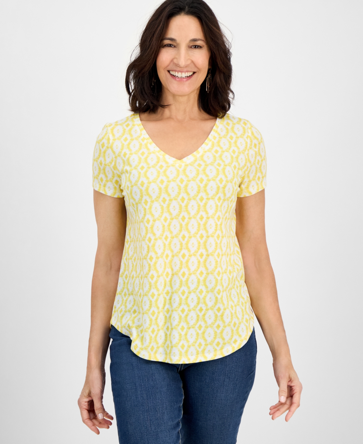 Petite Dyed Geo Perfect V-Neck Tee, Exclusively at Macy's - Fiesta Yellow Combo