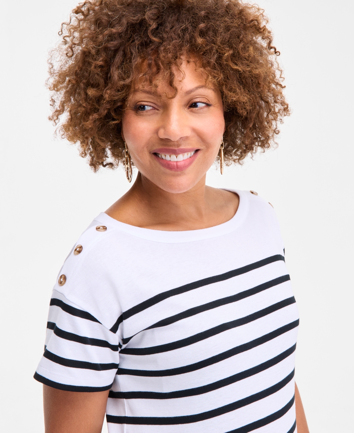 Style & Co Women's Cotton Striped Button-shoulder Top, Exclusively At Macy's