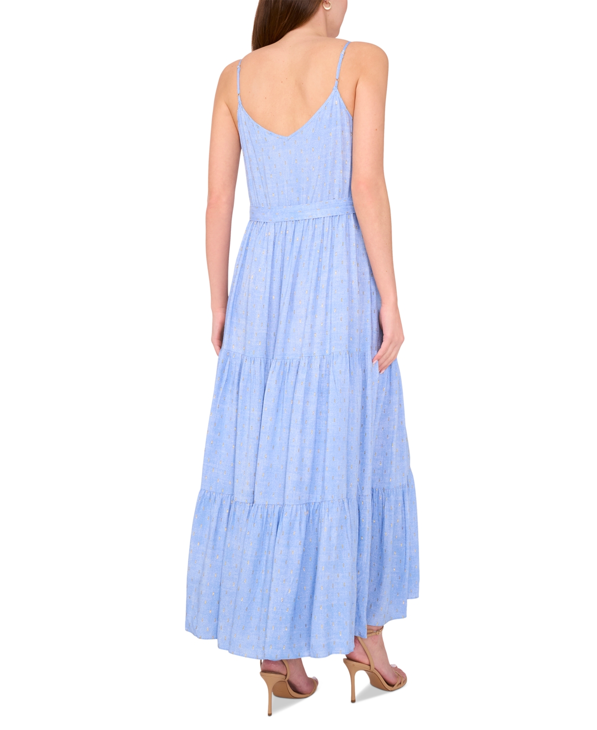 Msk Petite Printed V-neck Sleeveless Belted Maxi Dress In Blue