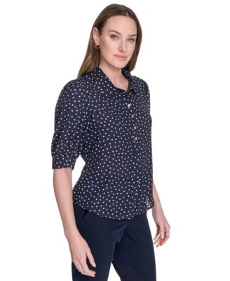 Women's Printed Point Collar Puff-Sleeve Blouse