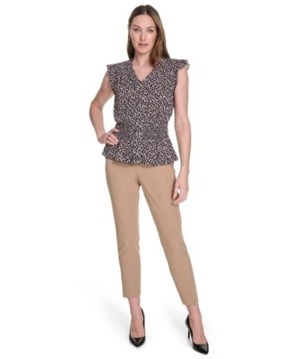 Women's Printed Smocked-Waist Flutter-Sleeve Blouse