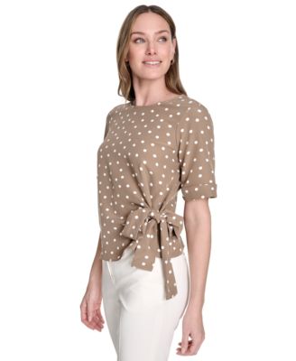 Women's Dot-Print Tie-Waist Short-Sleeve Top