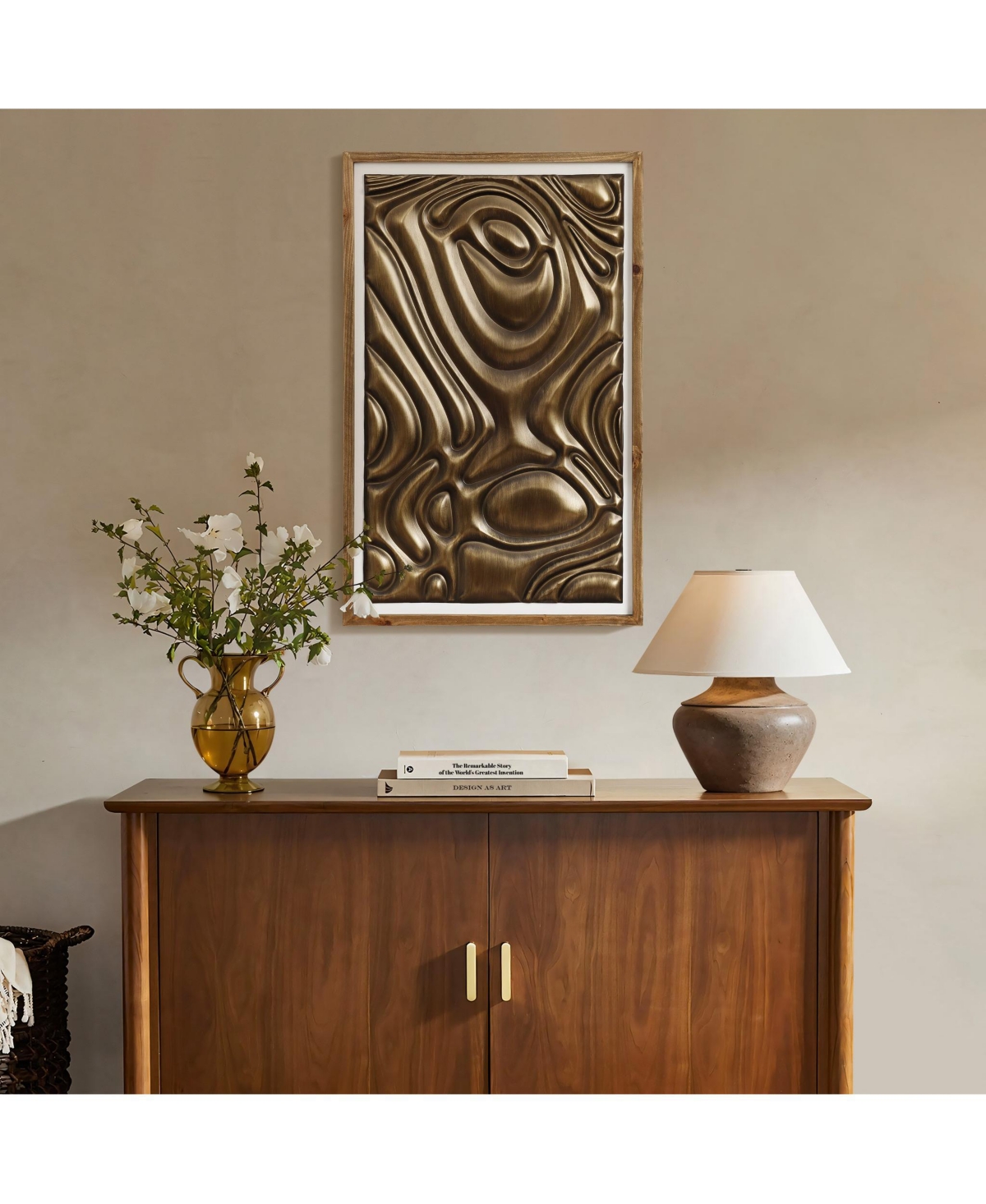 Luxenhome Gold Metal Abstract Wood Framed 20"w X 32" H Wall Decor In Gold And Natural And Black