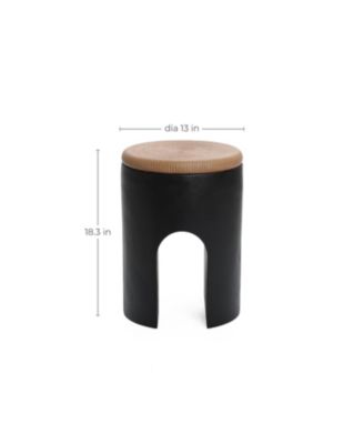 Outdoor Accent Side Table, 18'' Black with Natural Rattan Finish Cement Patio End Table, U-Shaped Base Plant Stand for Patio Backyard, Outdoor Furniture for Lawn Balcony Porch