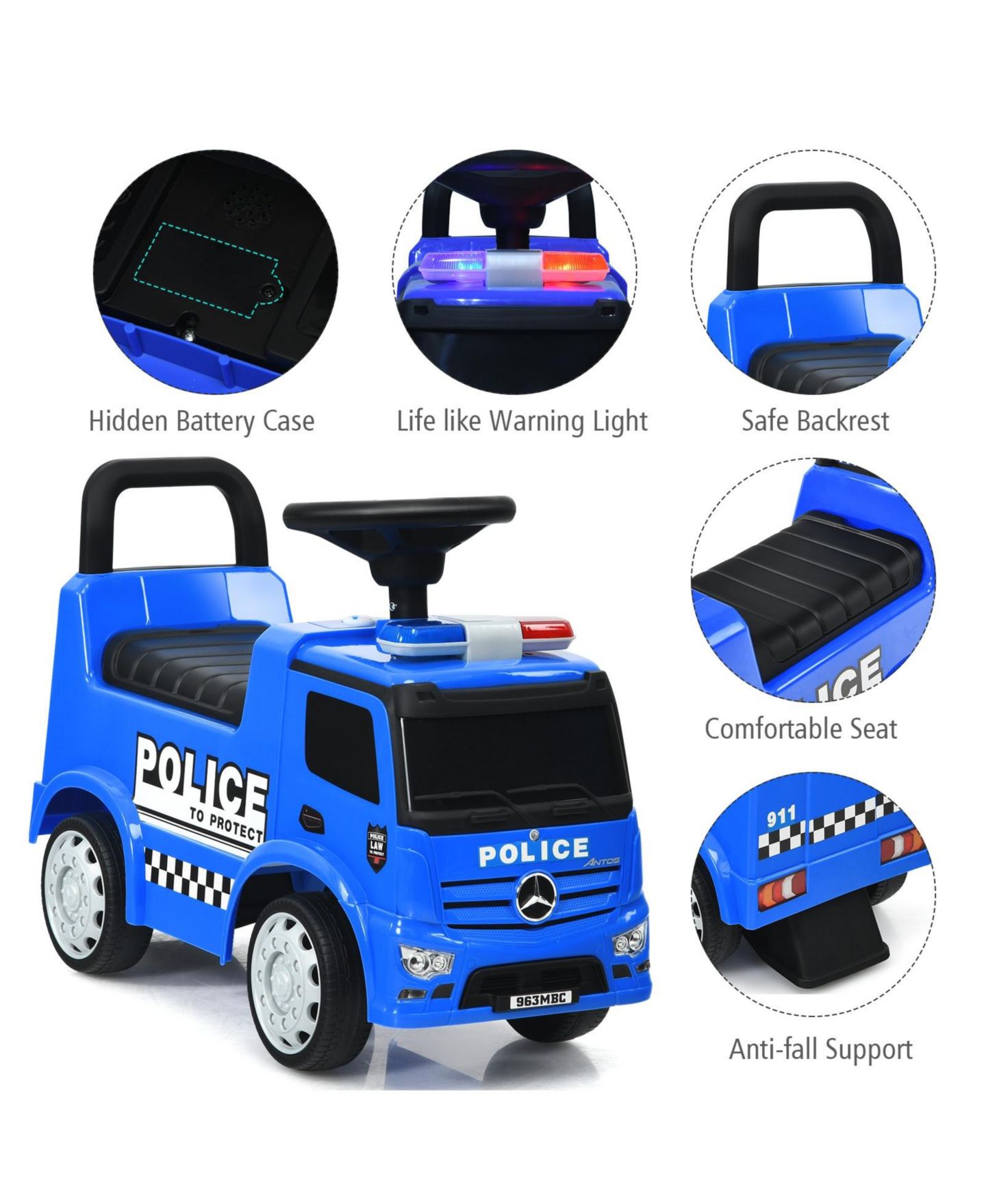 Детская игрушка HONGGE Mercedes-Benz Licensed Ride-On Push Police Car with Horn and Siren Sounds, Ages 12-36 Months, цвет: Синий — фото 2