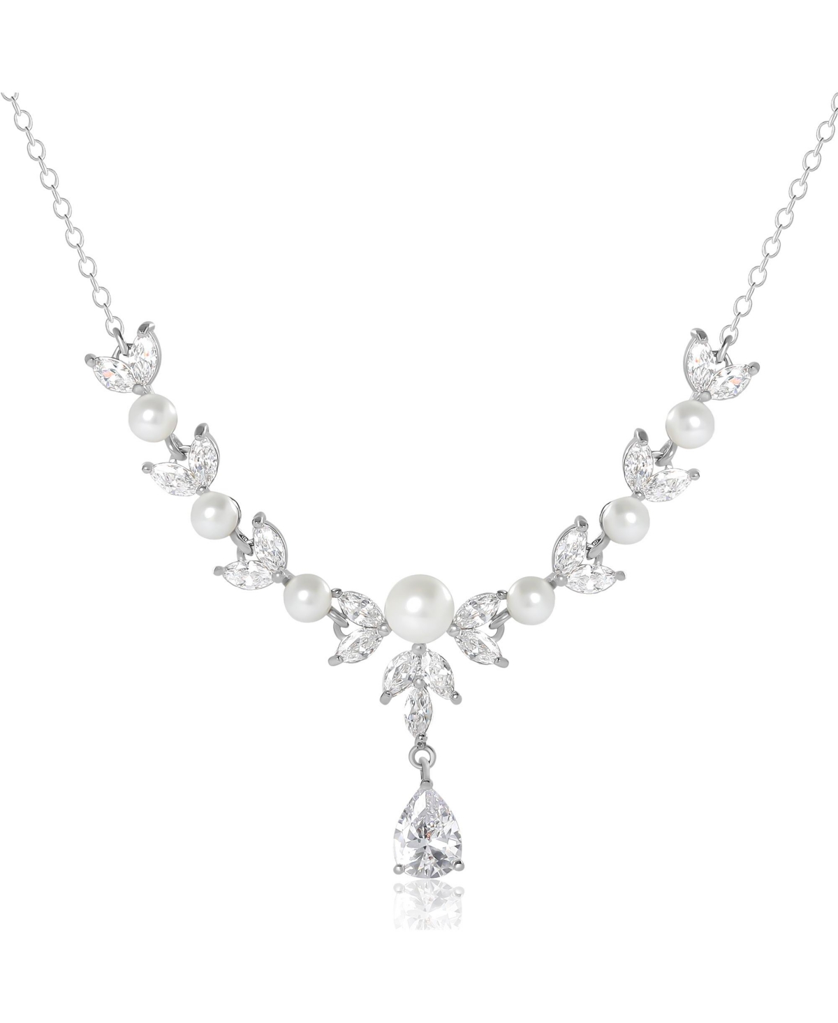 Pearl & Crystal Drop Necklace - Silver