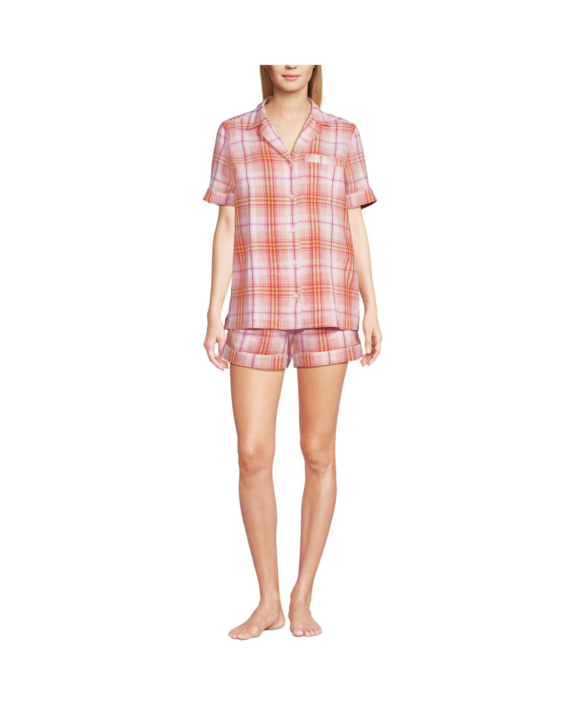 Women Linen 2 Piece Pajama Set - Short Sleeve Top and Shorts - Icy mint green romantic floral